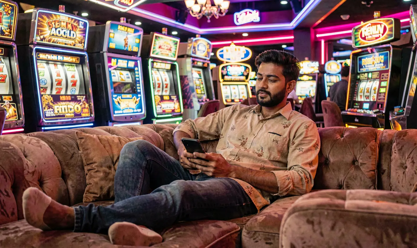 Confident Bangladeshi player using the 588TK casino app on his phone with glowing slot machines and neon lights behind him