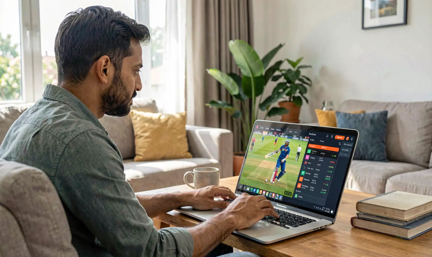 Bangladeshi player placing live cricket bets online using the 588TK platform while watching a match on a laptop in a cozy living room