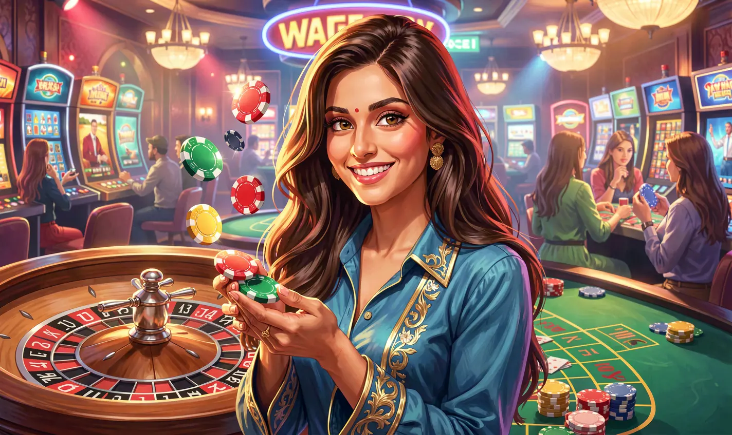 Attractive casino hostess presenting bonus chips with a vibrant roulette backdrop symbolizing premium rewards and winning opportunities at 588TK for Bangladesh