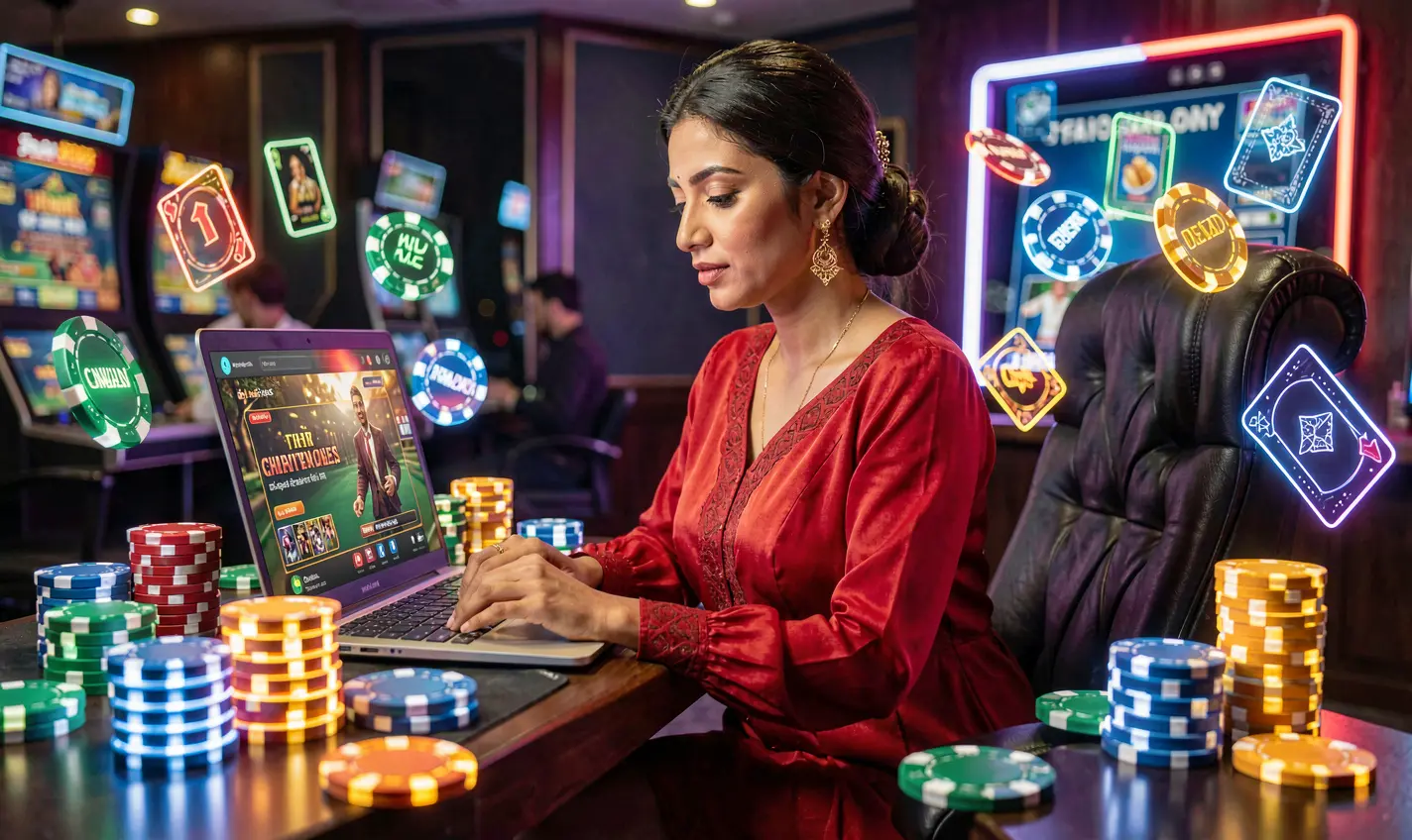 Elegant woman in a red dress playing online casino games on a laptop surrounded by glowing poker chips and cards showcasing the immersive gaming atmosphere of 588TK in Bangladesh