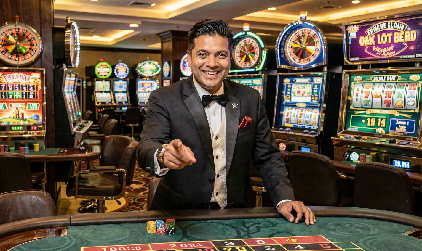 Confident Bangladeshi casino dealer pointing forward with a smile inside a vibrant gaming hall at 588TK casino